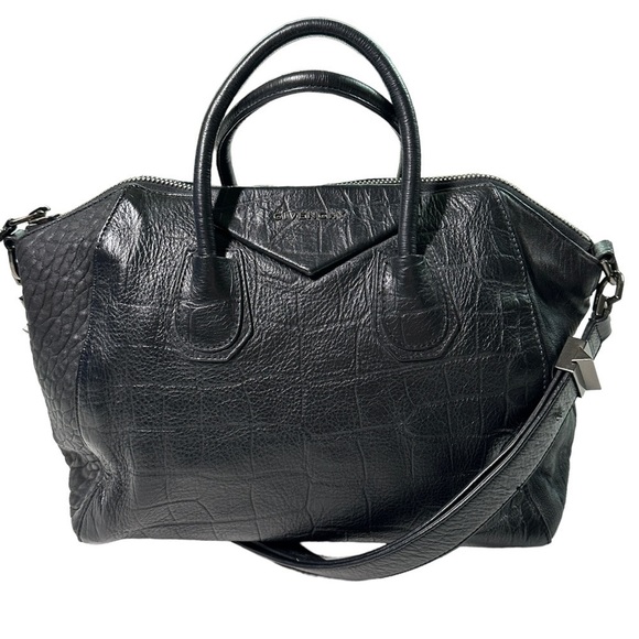 Vintage Givenchy Black Leather Croc Embossed Antigona Bag - Picture 1 of 14